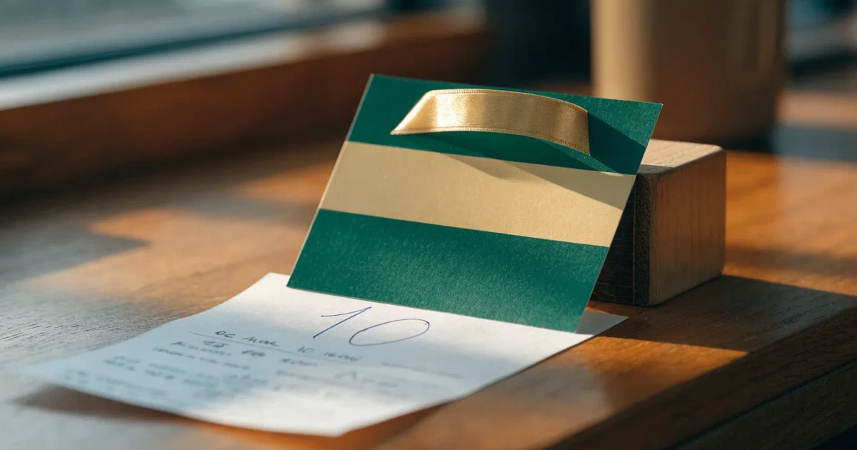 Um cartão de oferta com uma fita dourada ao lado de um talão de apostas numa bancada de madeira
