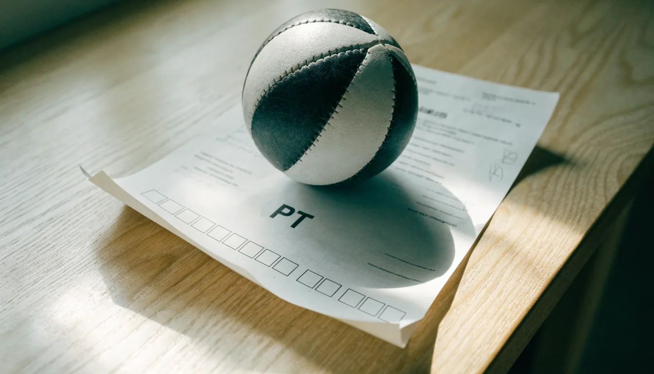 Uma bola de futebol pousada sobre um talão de apostas em branco numa mesa de madeira, à luz do dia