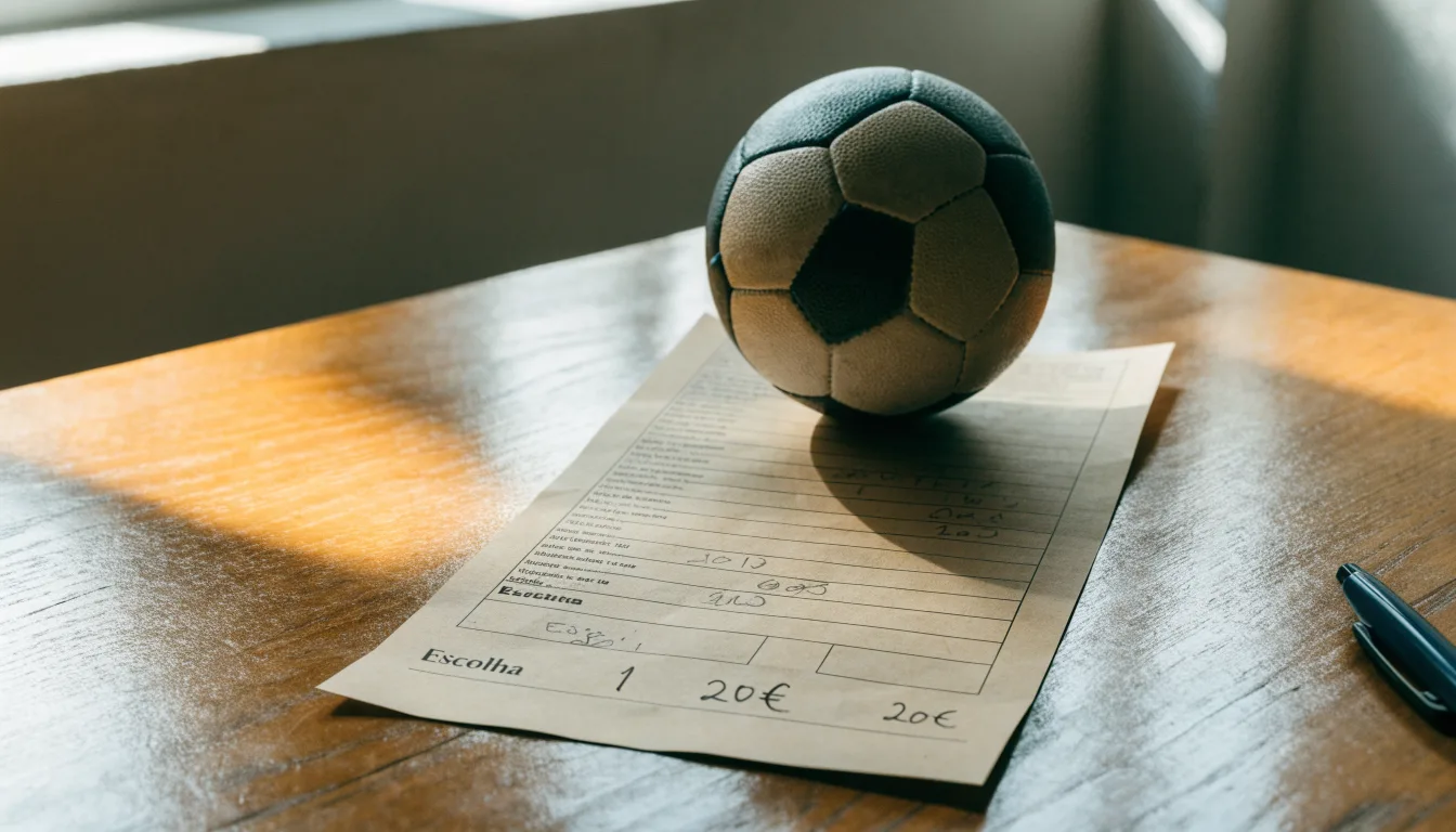 Uma bola de futebol pousada sobre um talão de apostas em branco numa mesa de madeira, à luz do dia