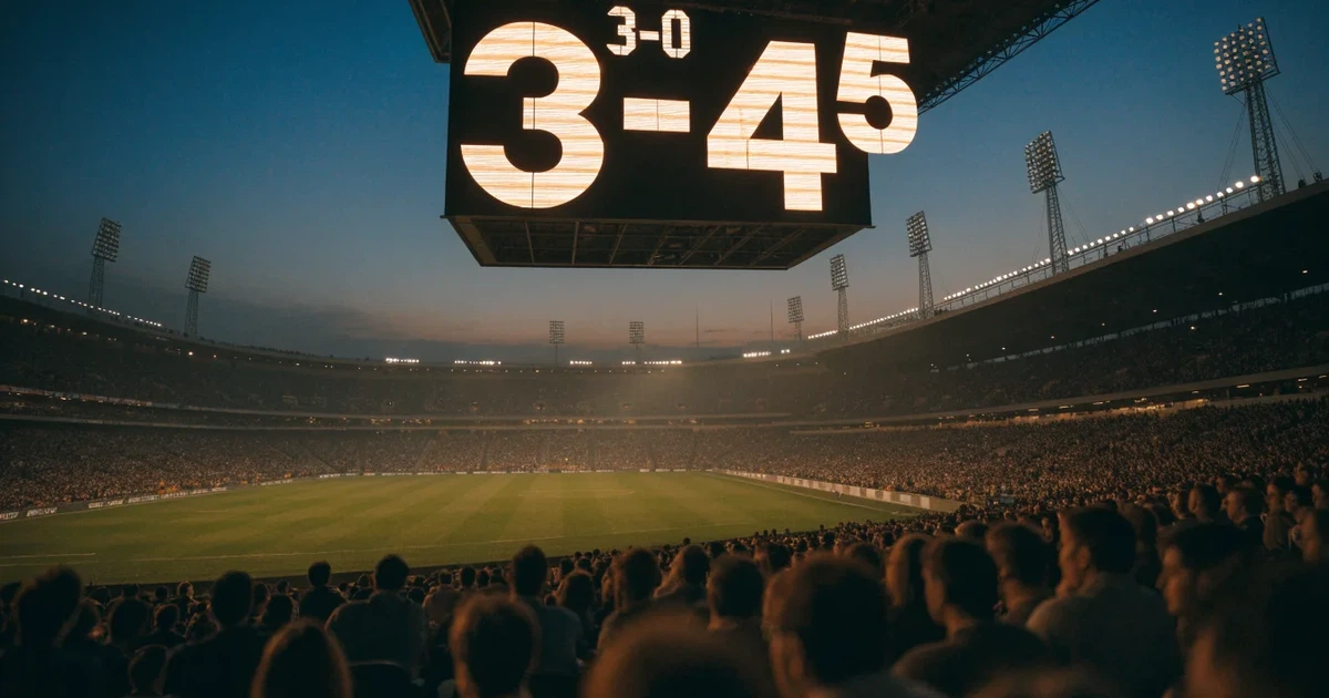 Um marcador eletrónico de um estádio com o resultado a meio da segunda parte, visto das bancadas