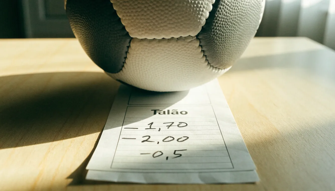 Uma bola de futebol pousada sobre um talão de apostas em branco numa mesa de madeira, à luz do dia