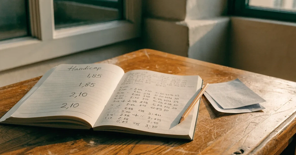 Um caderno aberto com cotas escritas à mão, uma calculadora e um lápis sobre uma mesa de madeira