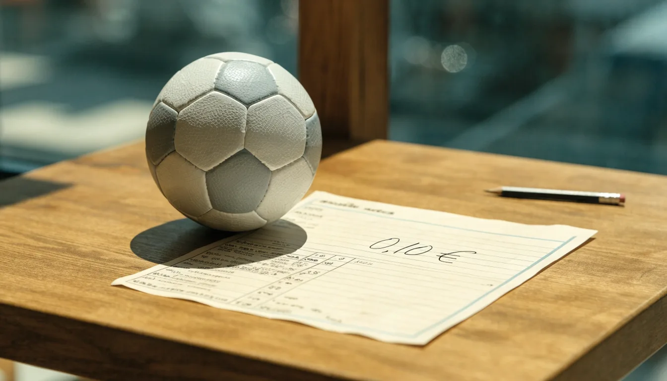 Uma bola de futebol pousada sobre um talão de apostas em branco numa mesa de madeira, à luz do dia