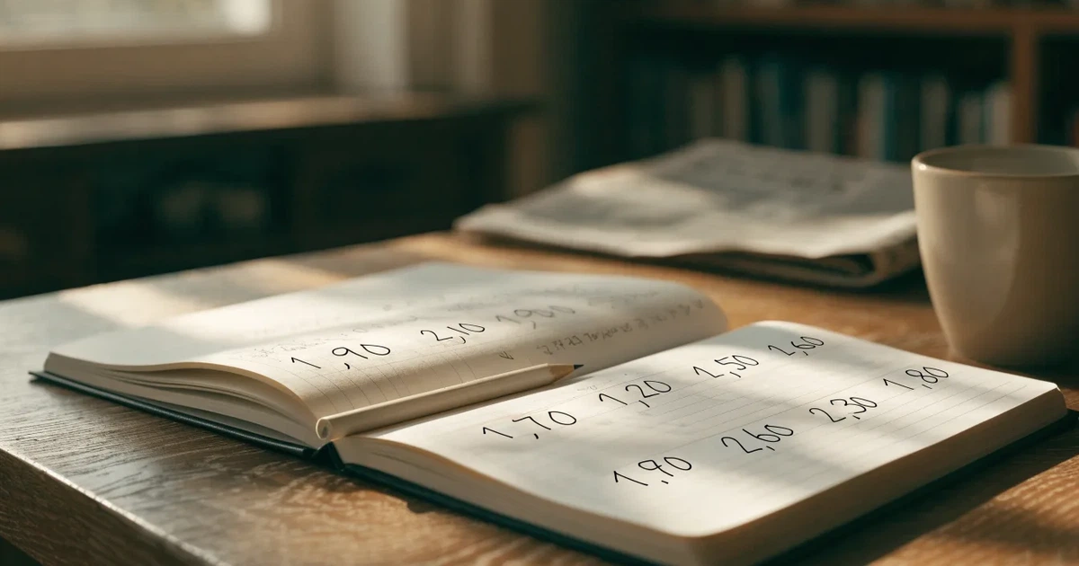 Um caderno aberto com cotas escritas à mão, uma calculadora e um lápis sobre uma mesa de madeira