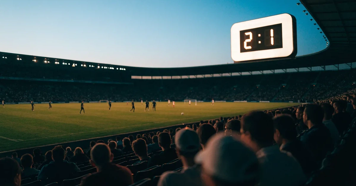 Um marcador eletrónico de um estádio com o resultado a meio da segunda parte, visto das bancadas