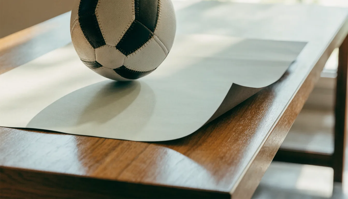 Uma bola de futebol pousada sobre um talão de apostas em branco numa mesa de madeira, à luz do dia