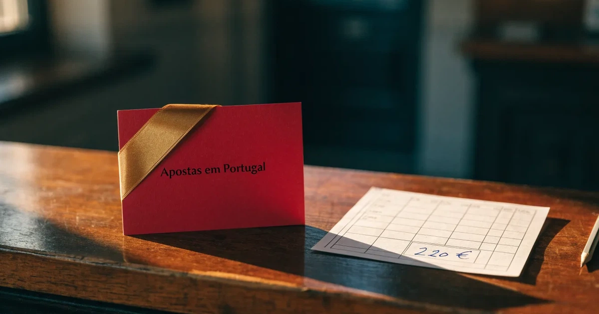 Um cartão de oferta com uma fita dourada ao lado de um talão de apostas numa bancada de madeira
