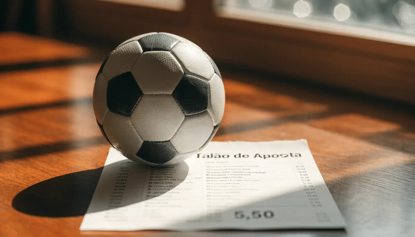 Uma bola de futebol pousada sobre um talão de apostas em branco numa mesa de madeira, à luz do dia