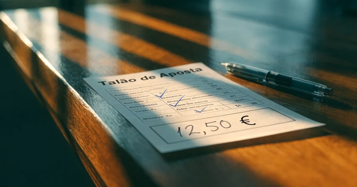 Um talão de apostas com várias seleções marcadas a caneta numa bancada de madeira