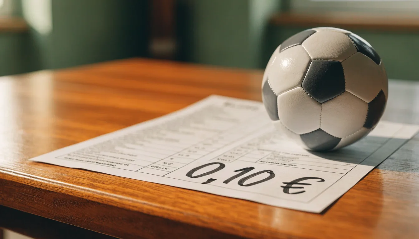 Uma bola de futebol pousada sobre um talão de apostas em branco numa mesa de madeira, à luz do dia