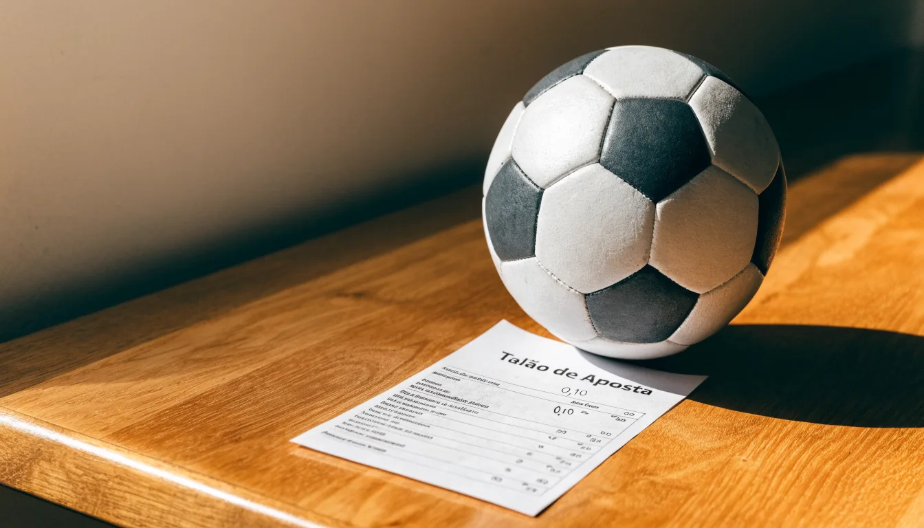 Uma bola de futebol pousada sobre um talão de apostas em branco numa mesa de madeira, à luz do dia