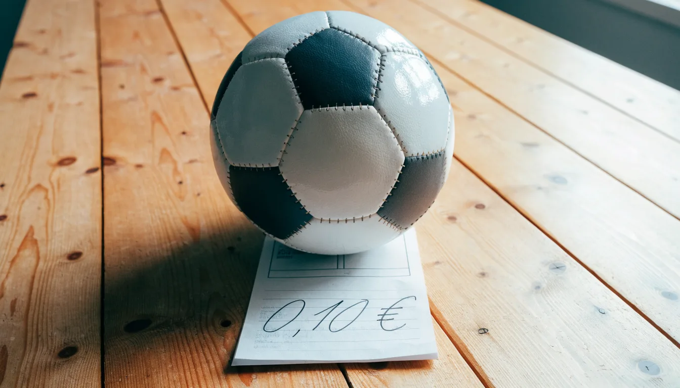Uma bola de futebol pousada sobre um talão de apostas em branco numa mesa de madeira, à luz do dia