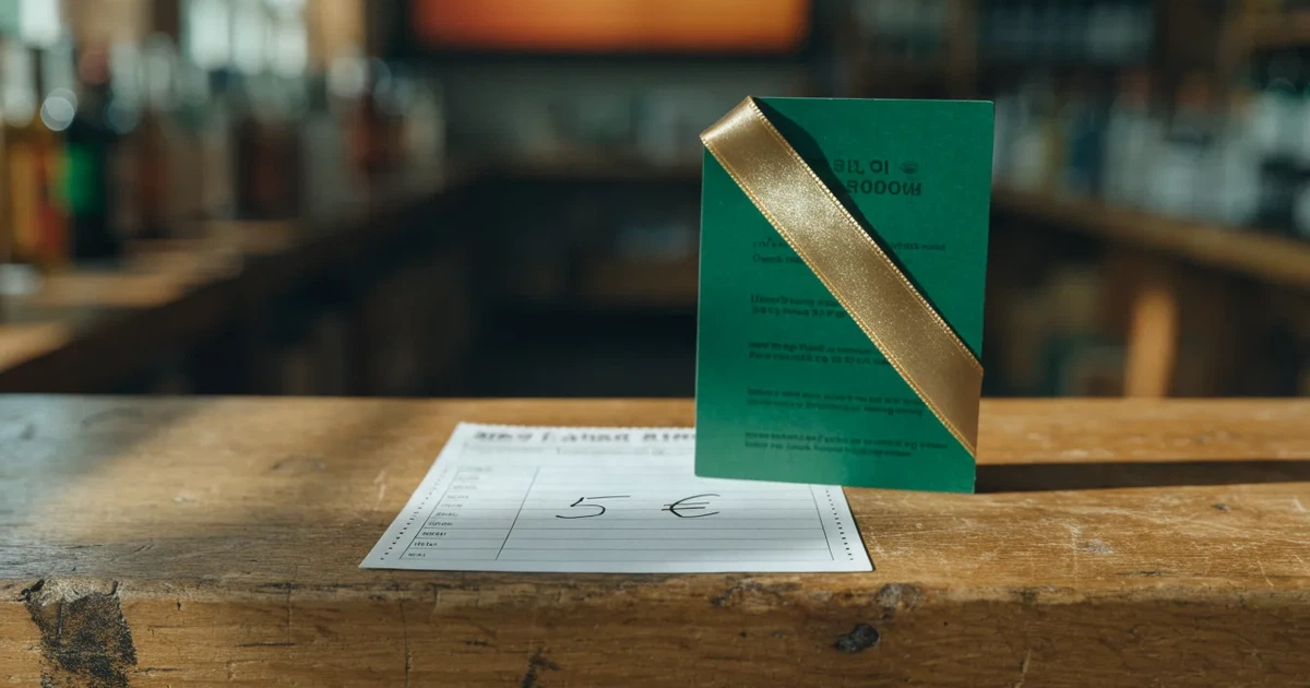 Um cartão de oferta com uma fita dourada ao lado de um talão de apostas numa bancada de madeira