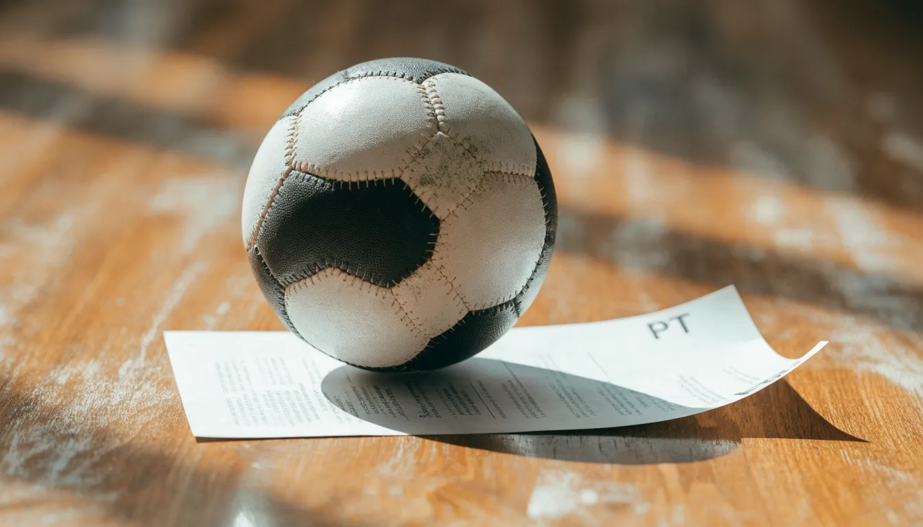 Uma bola de futebol pousada sobre um talão de apostas em branco numa mesa de madeira, à luz do dia