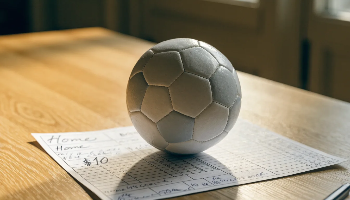 Uma bola de futebol pousada sobre um talão de apostas em branco numa mesa de madeira, à luz do dia