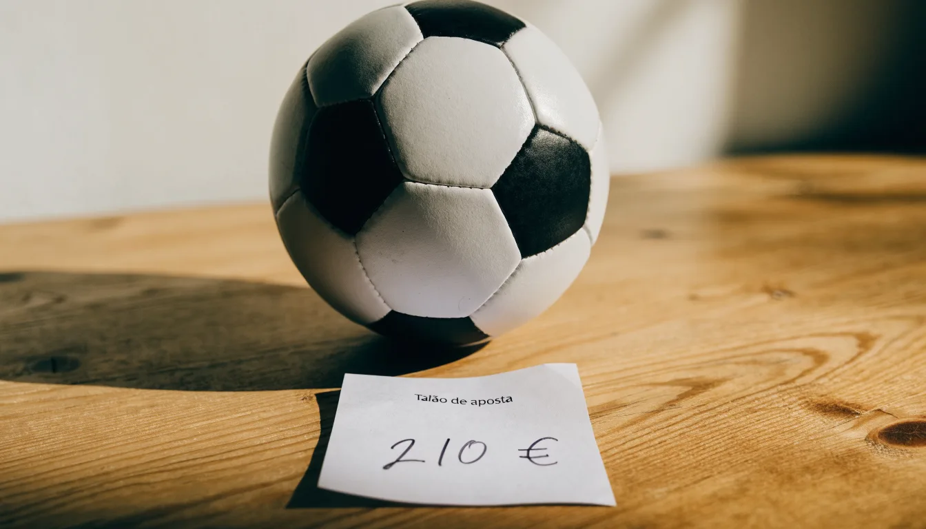 Uma bola de futebol pousada sobre um talão de apostas em branco numa mesa de madeira, à luz do dia