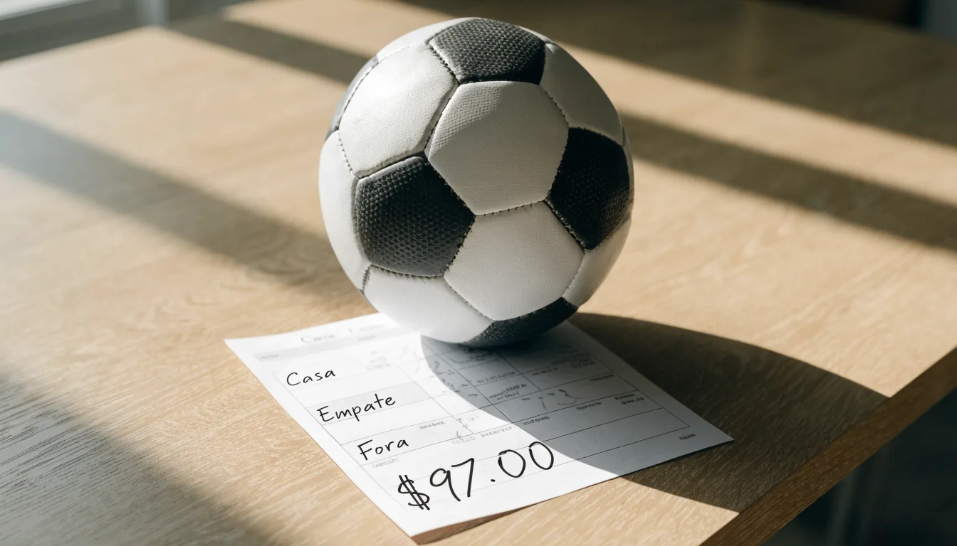 Uma bola de futebol pousada sobre um talão de apostas em branco numa mesa de madeira, à luz do dia