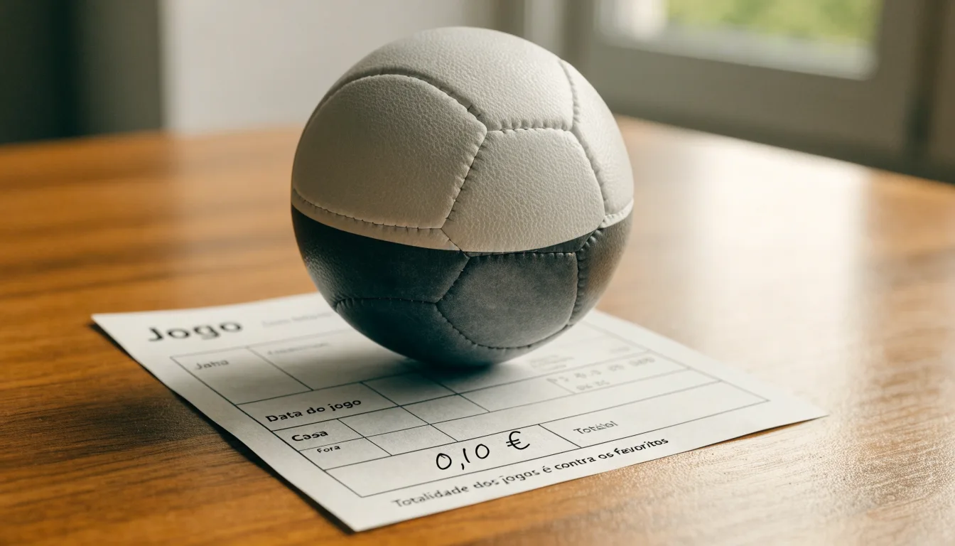 Uma bola de futebol pousada sobre um talão de apostas em branco numa mesa de madeira, à luz do dia