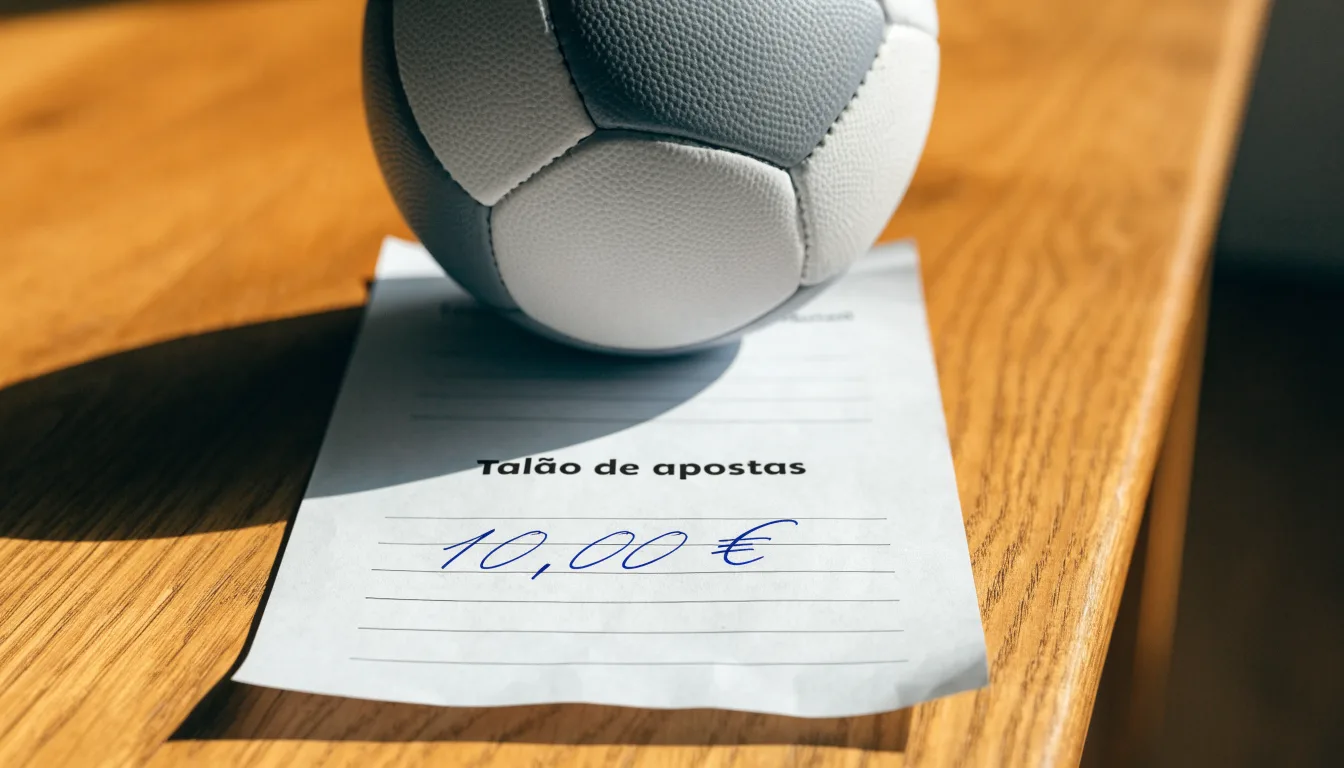 Uma bola de futebol pousada sobre um talão de apostas em branco numa mesa de madeira, à luz do dia