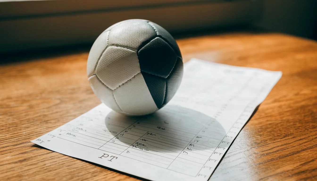 Uma bola de futebol pousada sobre um talão de apostas em branco numa mesa de madeira, à luz do dia