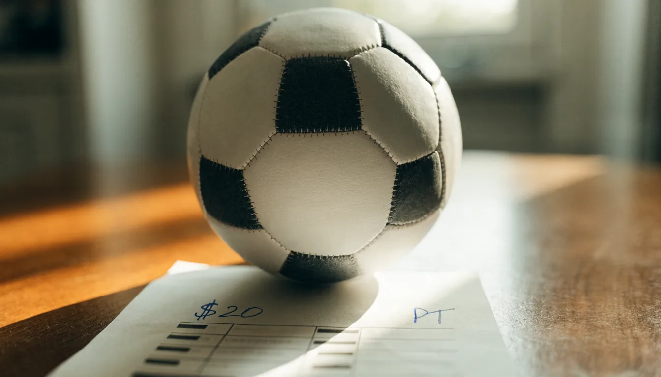 Uma bola de futebol pousada sobre um talão de apostas em branco numa mesa de madeira, à luz do dia
