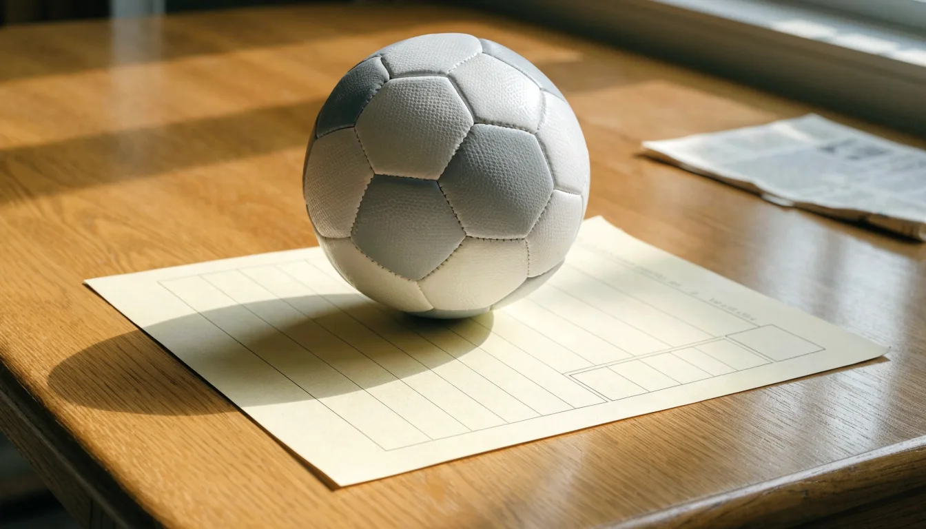 Uma bola de futebol pousada sobre um talão de apostas em branco numa mesa de madeira, à luz do dia