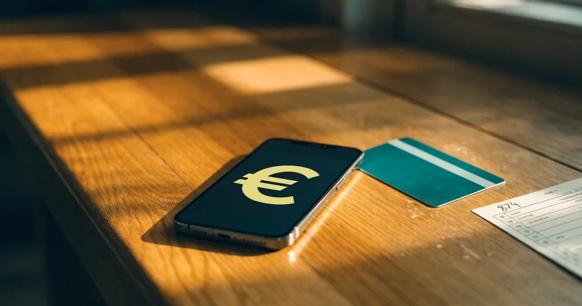 Um telemóvel e um cartão bancário lado a lado numa mesa de madeira, com algumas notas de euro ao lado
