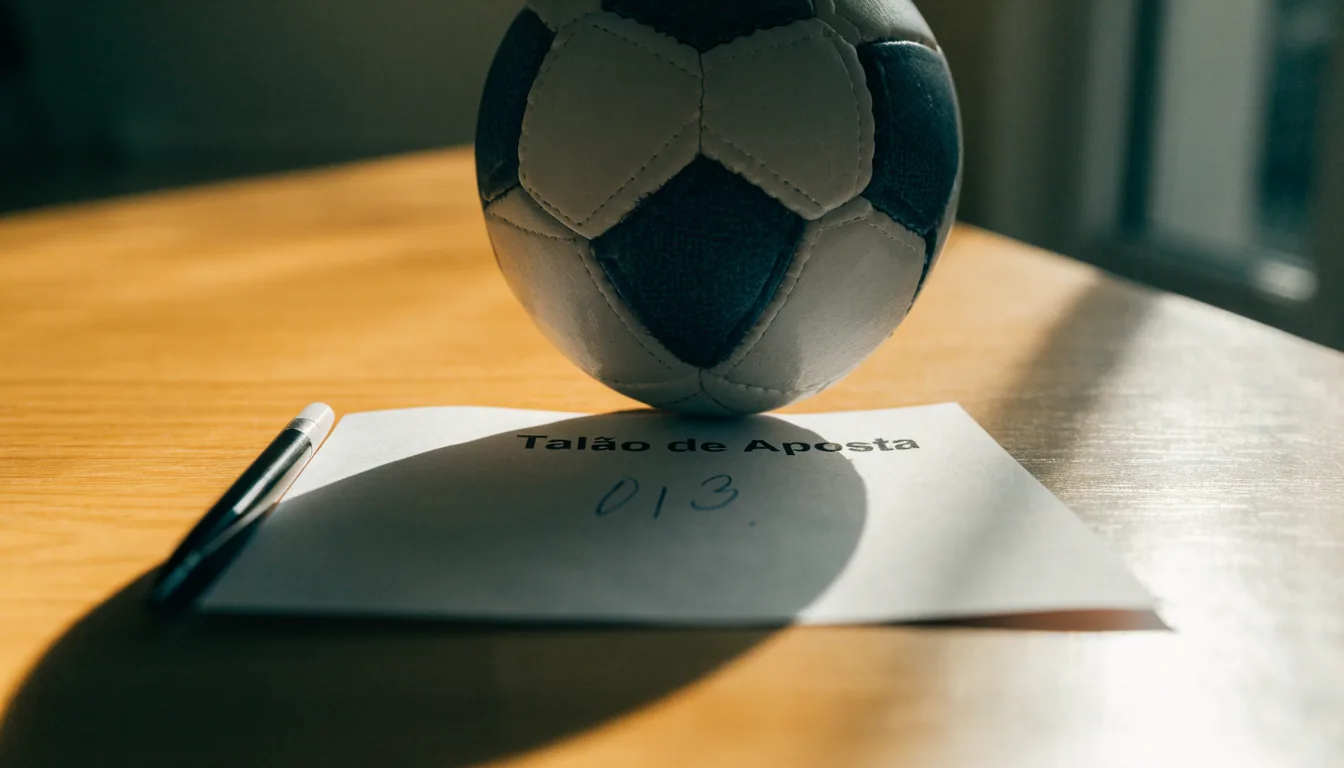 Uma bola de futebol pousada sobre um talão de apostas em branco numa mesa de madeira, à luz do dia