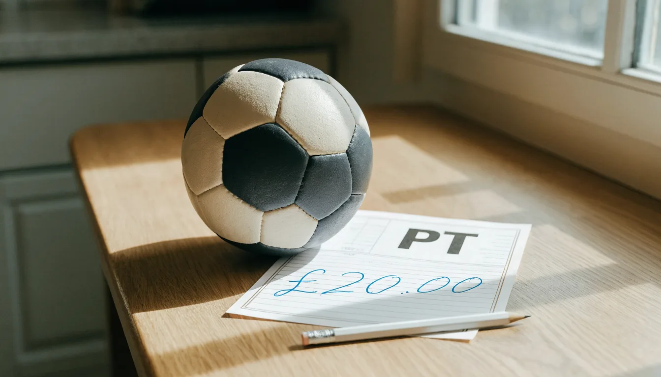 Uma bola de futebol pousada sobre um talão de apostas em branco numa mesa de madeira, à luz do dia
