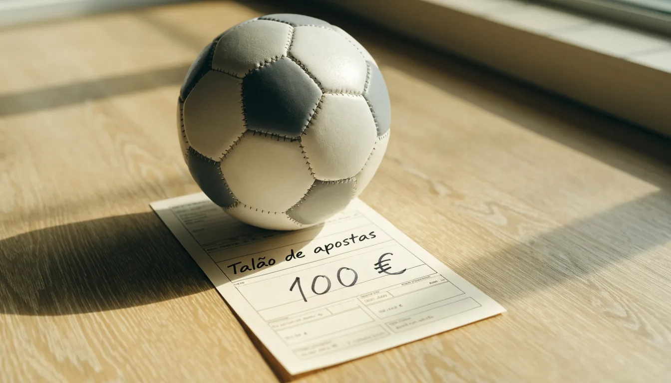 Uma bola de futebol pousada sobre um talão de apostas em branco numa mesa de madeira, à luz do dia