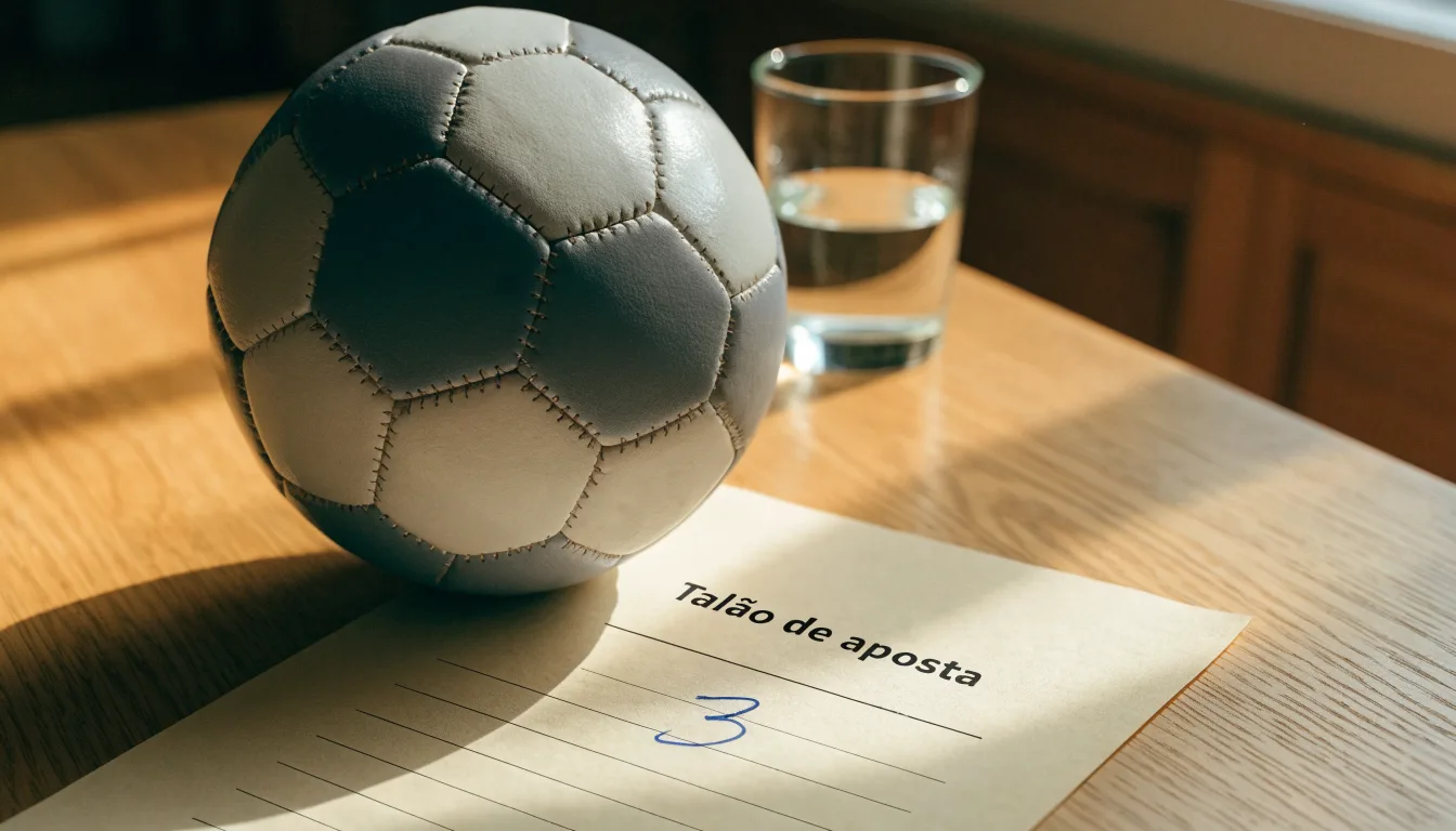 Uma bola de futebol pousada sobre um talão de apostas em branco numa mesa de madeira, à luz do dia
