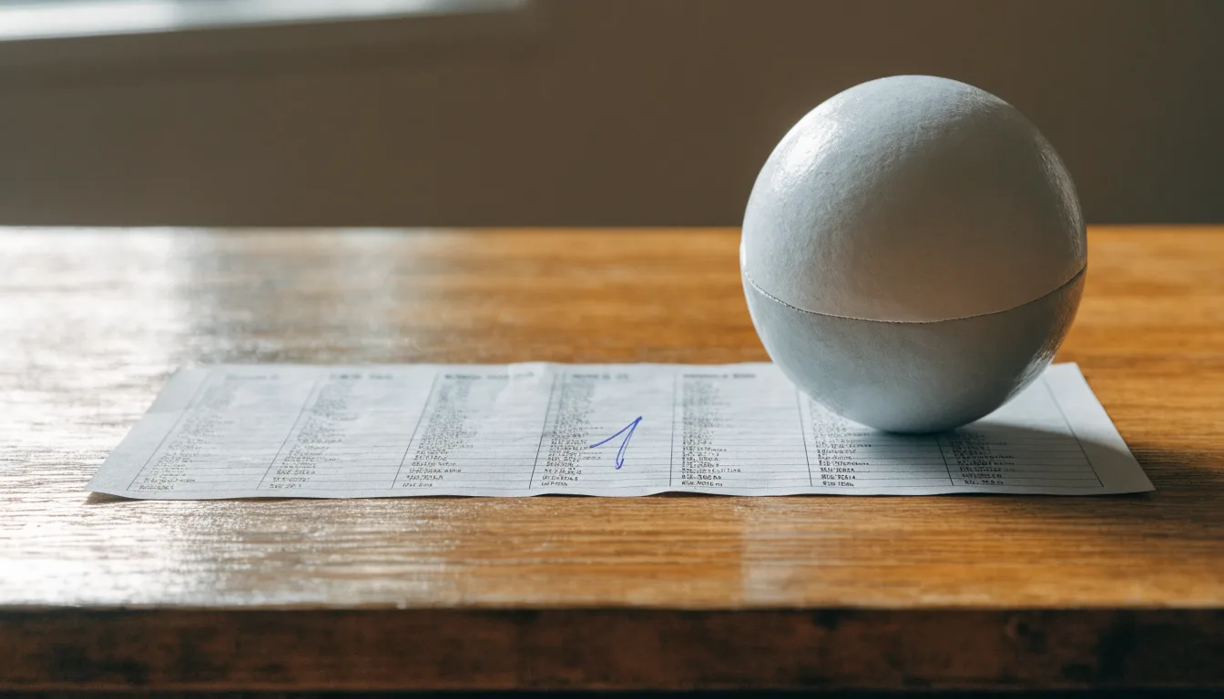 Uma bola de futebol pousada sobre um talão de apostas em branco numa mesa de madeira, à luz do dia
