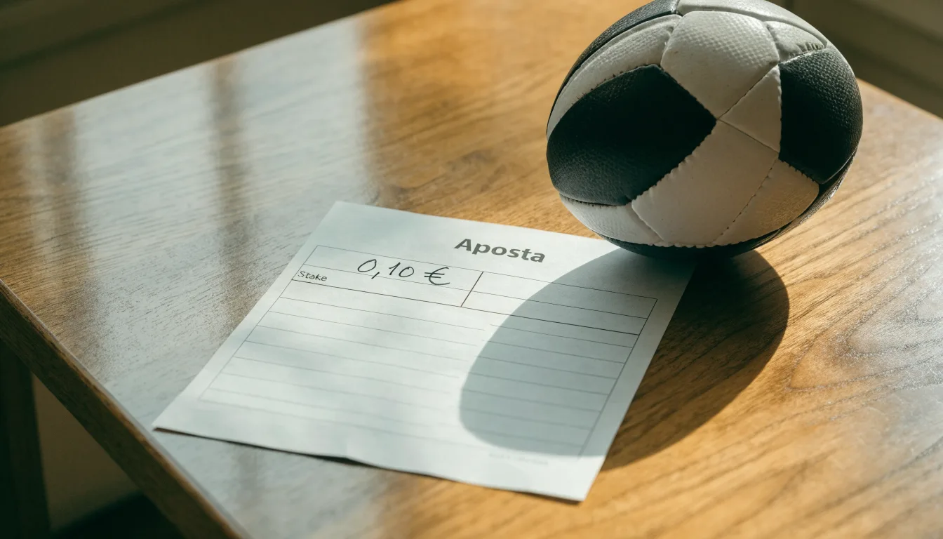Uma bola de futebol pousada sobre um talão de apostas em branco numa mesa de madeira, à luz do dia