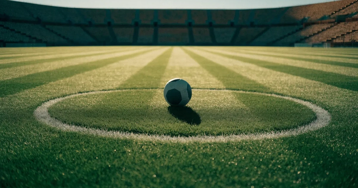 Uma bola de futebol no ponto central de um relvado, à luz da manhã