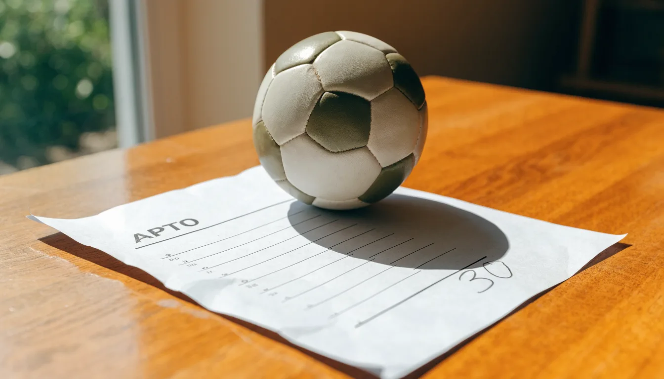 Uma bola de futebol pousada sobre um talão de apostas em branco numa mesa de madeira, à luz do dia