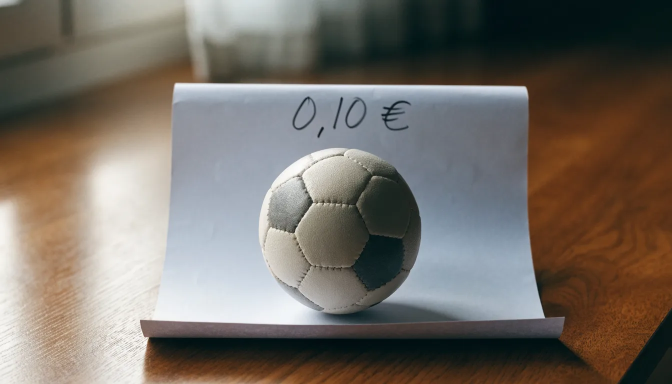 Uma bola de futebol pousada sobre um talão de apostas em branco numa mesa de madeira, à luz do dia
