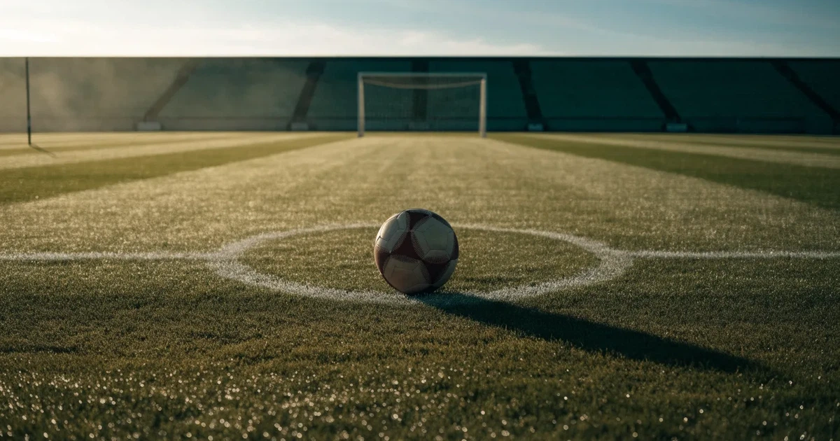 Uma bola de futebol no ponto central de um relvado, à luz da manhã