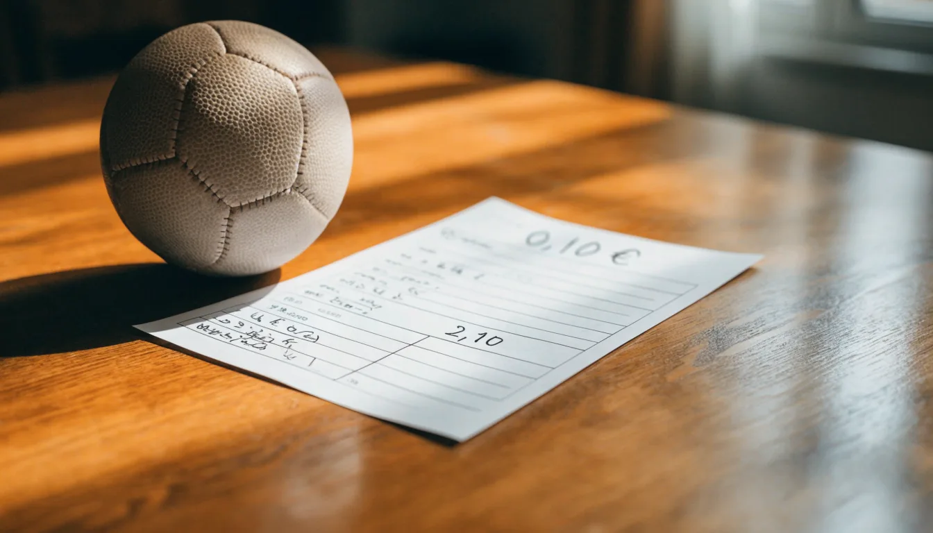 Uma bola de futebol pousada sobre um talão de apostas em branco numa mesa de madeira, à luz do dia