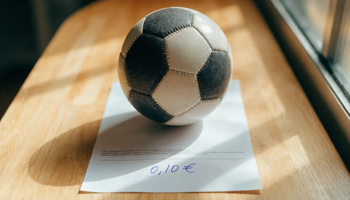 Uma bola de futebol pousada sobre um talão de apostas em branco numa mesa de madeira, à luz do dia