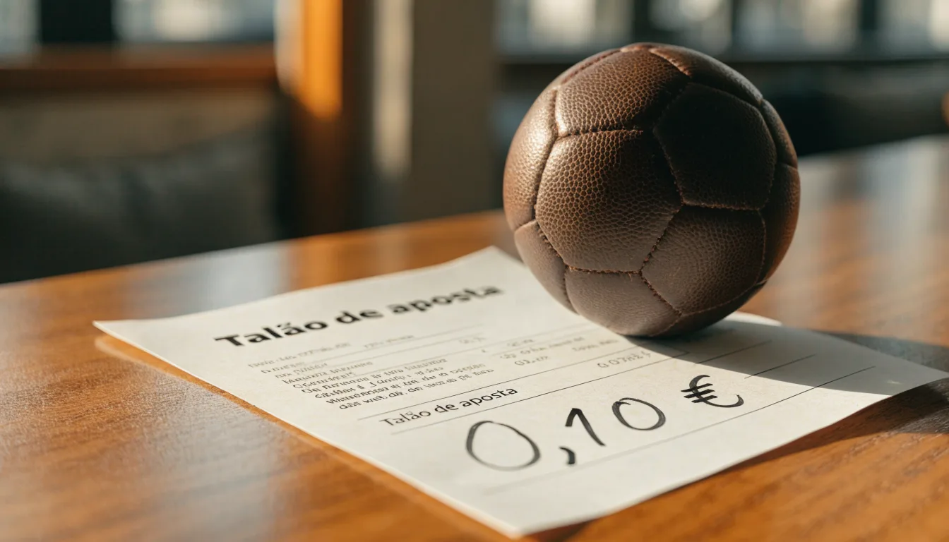 Uma bola de futebol pousada sobre um talão de apostas em branco numa mesa de madeira, à luz do dia