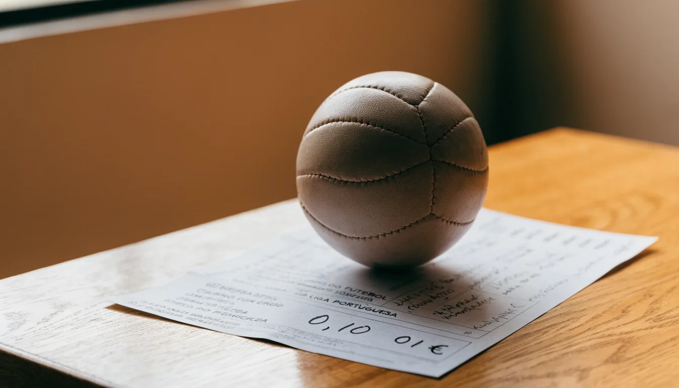 Uma bola de futebol pousada sobre um talão de apostas em branco numa mesa de madeira, à luz do dia