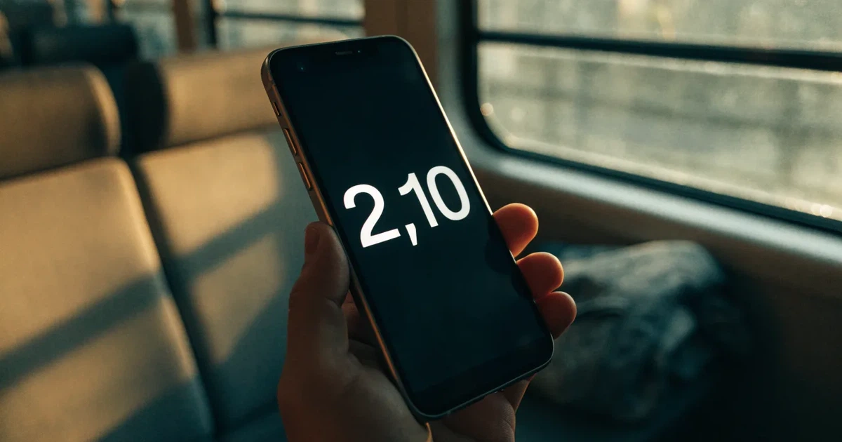 Uma mão a segurar um telemóvel com uma aposta no ecrã, num comboio ao fim da tarde