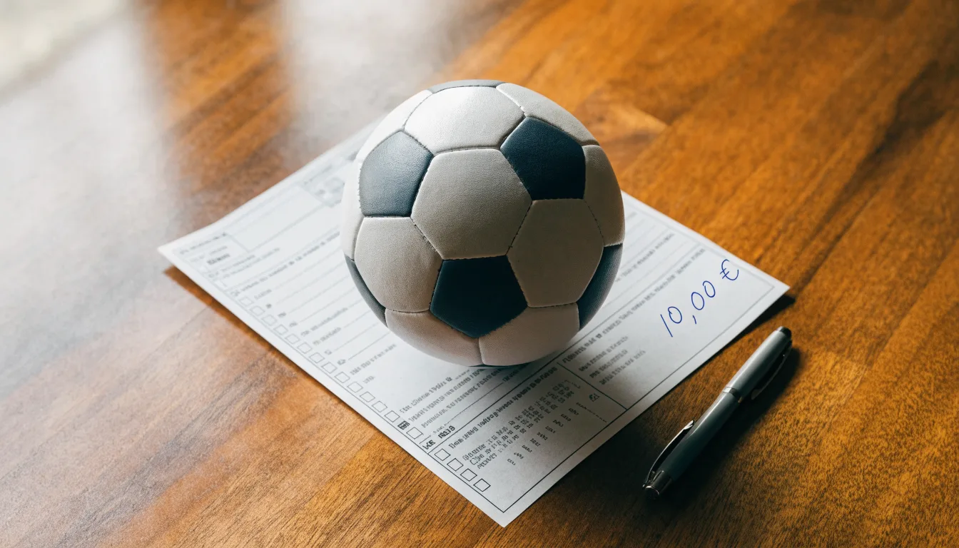 Uma bola de futebol pousada sobre um talão de apostas em branco numa mesa de madeira, à luz do dia