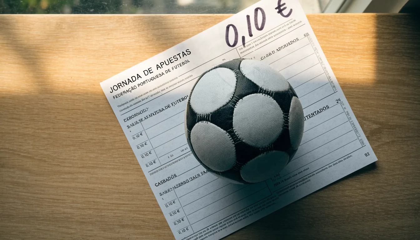 Uma bola de futebol pousada sobre um talão de apostas em branco numa mesa de madeira, à luz do dia