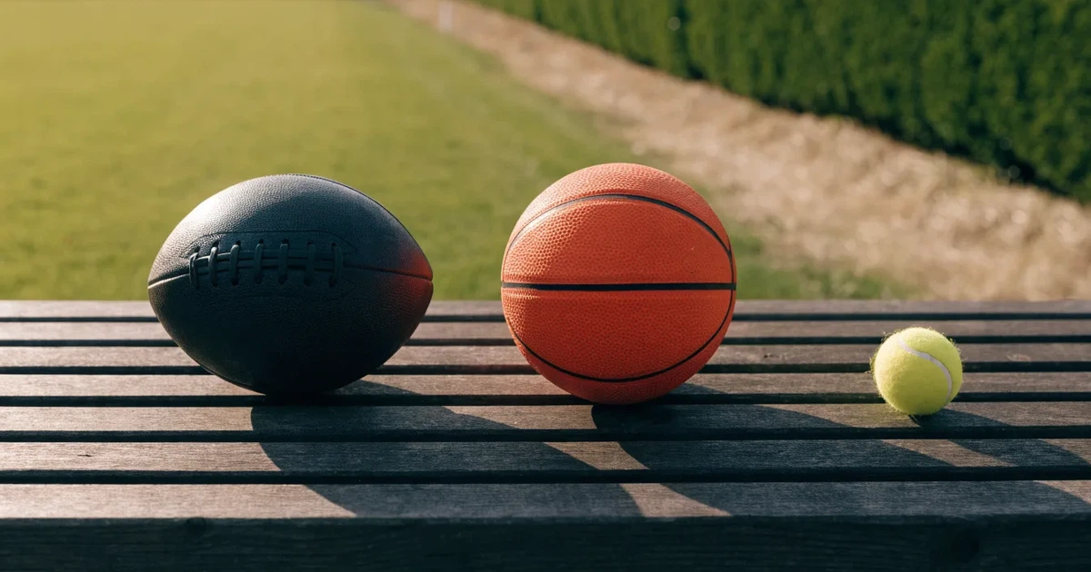 Três bolas de desportos diferentes alinhadas lado a lado num banco de madeira
