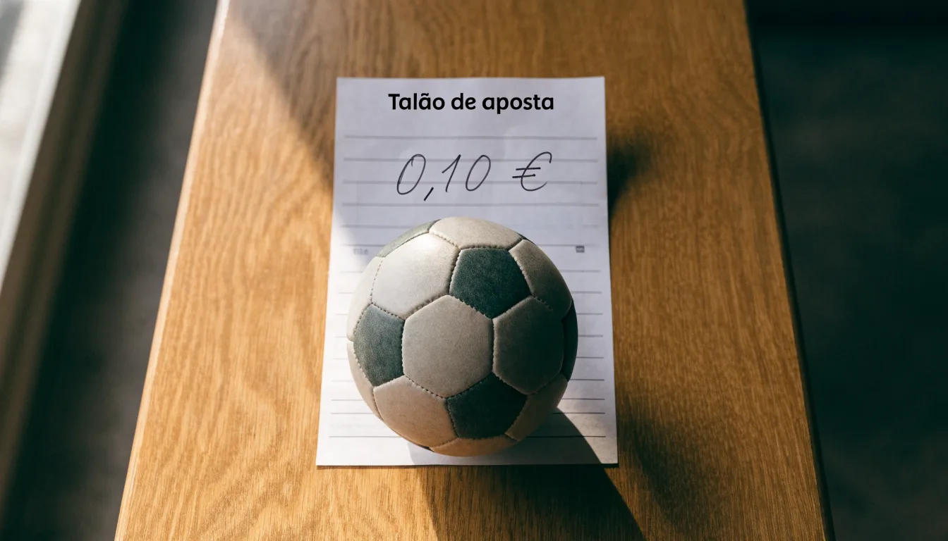Uma bola de futebol pousada sobre um talão de apostas em branco numa mesa de madeira, à luz do dia