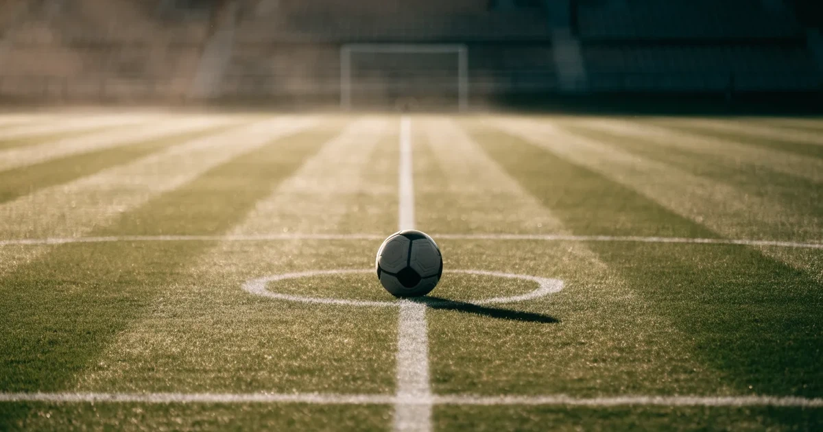 Uma bola de futebol no ponto central de um relvado, à luz da manhã