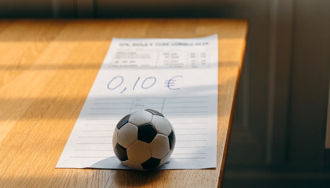 Uma bola de futebol pousada sobre um talão de apostas em branco numa mesa de madeira, à luz do dia