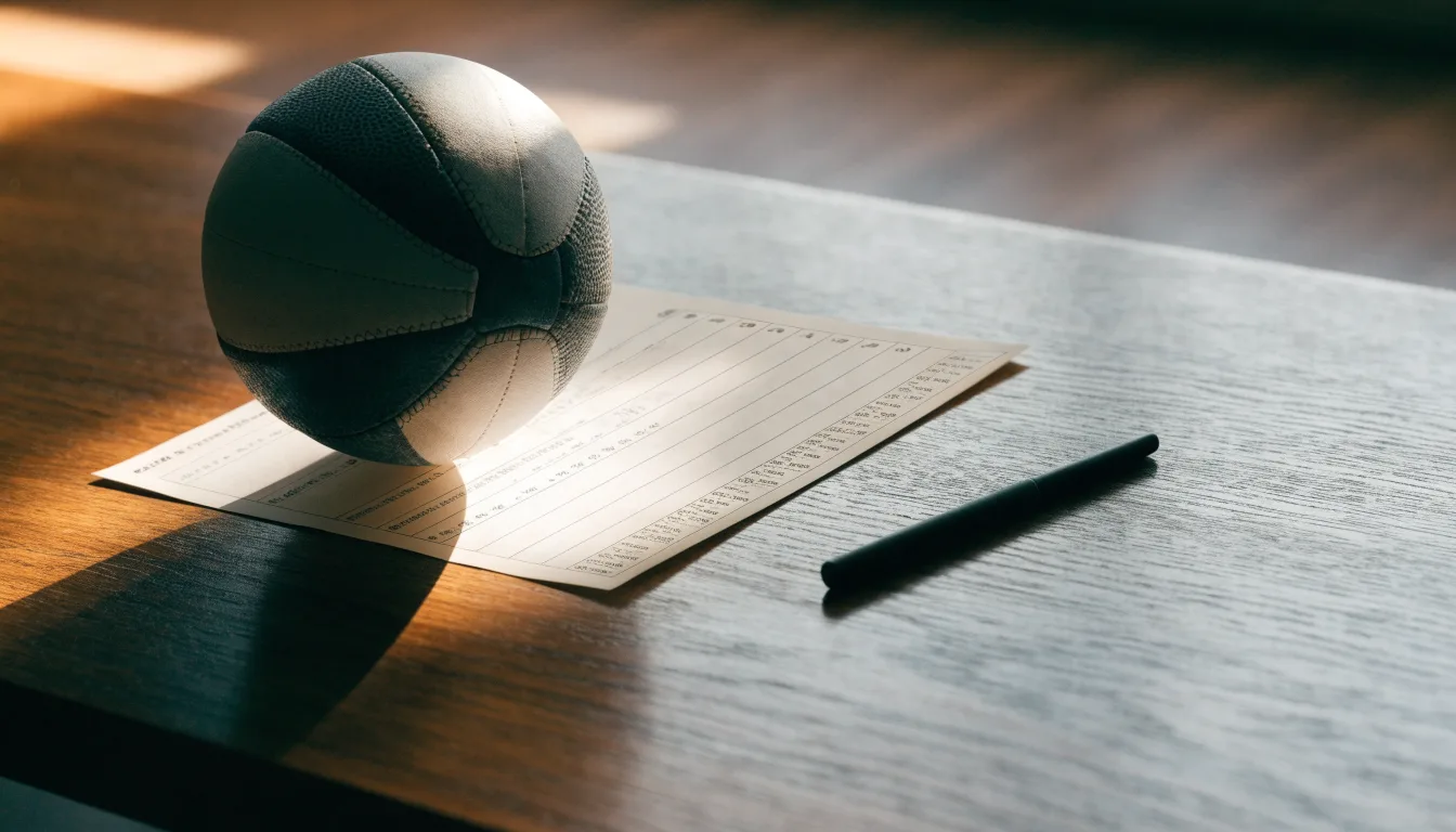 Uma bola de futebol pousada sobre um talão de apostas em branco numa mesa de madeira, à luz do dia