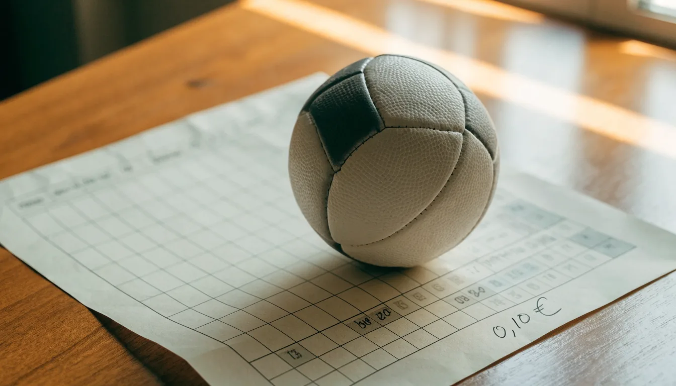 Uma bola de futebol pousada sobre um talão de apostas em branco numa mesa de madeira, à luz do dia
